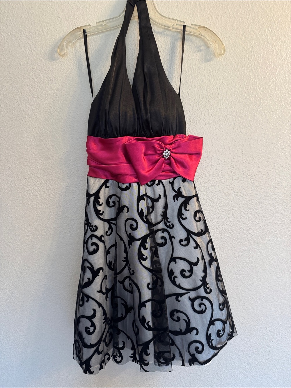 B Darlin Black and Fuchsia Halter Party Dress with Bow Accent